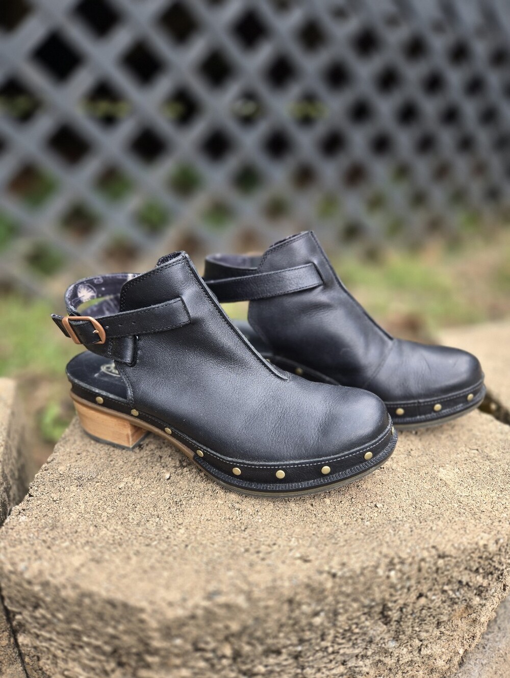 Chaco Black Leather Studded Open-Back Clogs with Wood Heel